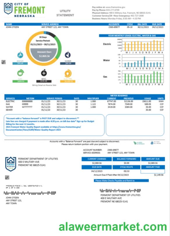 USA City of Fremont Nebraska utility bill Word and PDF template